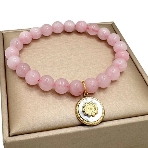 NWT Rose Quartz Beaded Stretch Charm Bracelet 18K Gold plated Flower - Picture 1 of 11